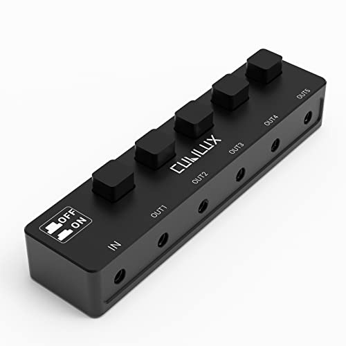 Cubilux 5-Way 3.5mm Headphone Splitter with Independent Switches | Five 1/8 in TRS outputs share stereo audio with headphones or speakers; each channel can be switched independently