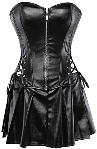 Grebrafan Women Faux Leather Corset Dress Gothic Punk Zipper Corset with Skirt (UK(24-26) 7XL, Black)