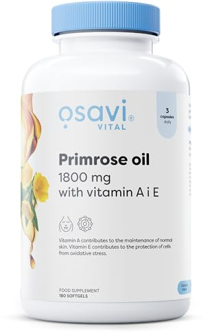 Osavi Nachtkerzenöl 1800 mg mit Vitamin A & E, Kaltgepresstes Primrose Oil mit Gamma-Linolensäure (GLA), Nahrungsergänzungsmittel für Haut und Zellschutz, 180 Softgel-Kapseln