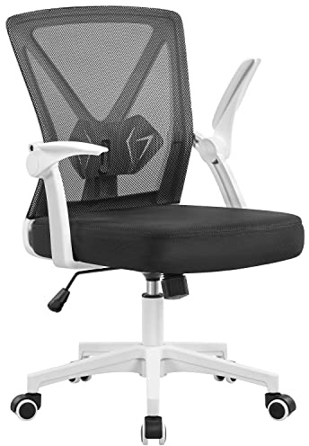 Yaheetech Ergonomisk kontorsstol, skrivbordsstol i mesh med fällbara armstöd, snurrstol med justerbara nackstödsarmar och ländryggsstöd, chefsfåtölj höjdjusterbar, vit
