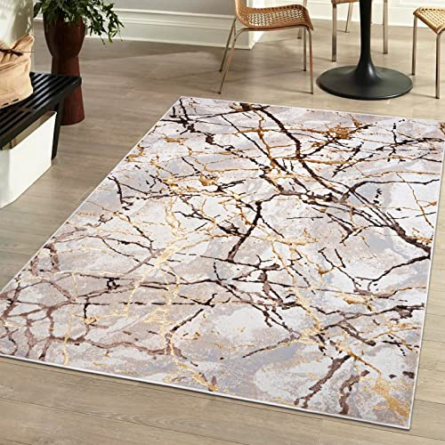 Mazovia Groß Teppich Wohnzimmer 200x300cm Creme Gold Abstrakt Glamour Weich | Teppich für Schlafzimmer Esszimmer Büro Beige Pflegeleicht Fußbodenheizungsgeeignet Reinigungsmittelbeständig Mittelflor