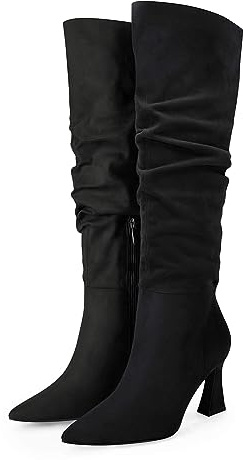 Coutgo Women's Slouchy Knee High Boots Wide Calf Pointed Toe Side Zipper Chunky Heel Long Boots Winter Shoes, Black, Size 7