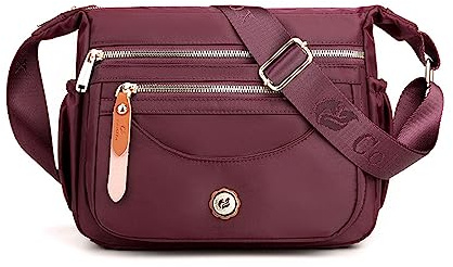 FANDARE Ultraleicht Damen Umhängetasche Nylon Schultertasche Handtaschen Elegant Umhängetasche mit verstellbarem breitem Riemen Frauen zum Umhängen Damentasche Multi-Tasche Messenger Bag Weinrot