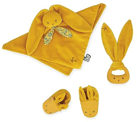 Kaloo - Lapinoo - Newborn Gift Set - Ochre Colour - 3 Baby Accessories - Baby’s Comforter + Teething Ring + Booties - 11 cm - 0 Months +, K218011