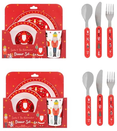 Christmas Santa 5 Piece Melamine Plate Bowl Cup + 3 Piece Cutlery Set | Santa & Nutracker Set (2 x 5 Piece Set)