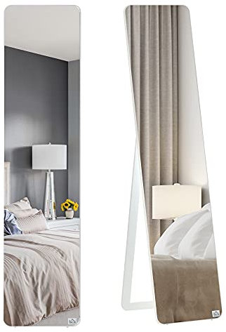 HOMCOM Grand Miroir Pleine Longueur rectangulaire, 37 x 160 cm - Miroir sur Pied ou Mural - pour Chambre à Coucher, Salon et Dressing, Bois Aspect Blanc