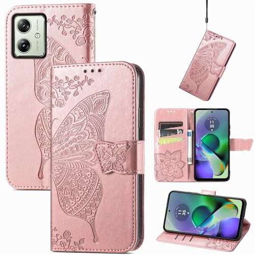 JIUNINE Funda Libro para Motorola Moto G54 5G, Oro Rosa | Carcasa Tipo Cuero Sintético, Relieve Mariposas, Cierre Magnético, Ranuras para Tarjetas, Soporte Plegable, Protección 360°