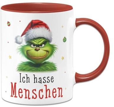 Tassenbrennerei Tasse Grinch - Ich hasse Menschen - Kaffeetasse mit Spruch, Weihnachtstasse lustig - Weihnachts-Deko Anti-Weihnachten (Rot)