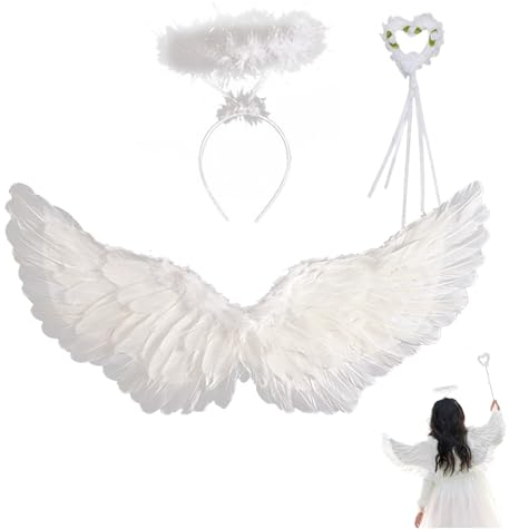 Engelskostüm Kinder,60 * 40CM Engelsflügel Weiß,Engel Kostüm Kinder mit Heiligenschein und Zauberstab,Engelsflügel für Karneval,Fasching,Maskeraden,Halloween,Cosplay Erwachsenes,Geburtstag Party