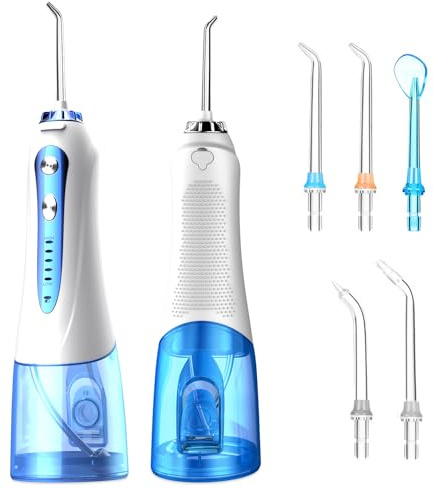 Munddusche Kabellos Elektrische Zahnzwischenraumreiniger Klein mit 5 Aufsätzen und 5 Reinigungsmodi, Zahnreiniger Oral Irrigator, IPX7 Wasserdicht USB Aufladen 300ML Wasser Flosser (Blau/Weiß)