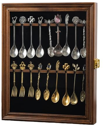 COMSREV 18 Souvenir Tea Spoon Display Case Wall Mount Lockable UV Protection Acrylic Door Wood Display Rack Stand for Spoon Collection(Fire Burning Color)