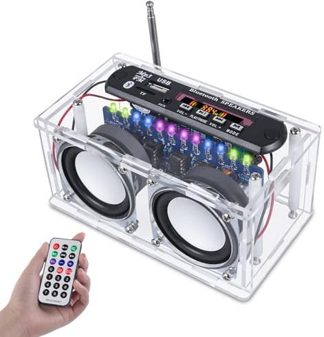 DONGKER DIY Elektronik Lautsprecher Löten Bausatz Bluetooth Kit mit FM Radio, Mini Heimstereo Sound Verstärker mit LED Anzeigeleuchte DIY Radio Kits Lautsprecherbox mit Fernbedienung