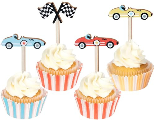 CORNER LACE 16pcs Rennauto Holz Cupcake Toppers, Racing Flagge Cupcake Picks Kuchen Dekorationen Baby Dusche Geburtstag Party Bevorzugungen Supplies