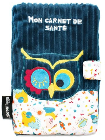 Les Deglingos Schutzhülle für U-Heft, Astros die Eule, Blau, Klettverschluss, verspielt, Geschenk für Kinder und Babys, weicher Stoff, Plüsch, 25 x 18 cm