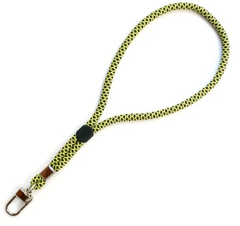 trage.band® Handgelenk-Trageband mit Karabinerhaken, schwarz-gelb | Kurze verstellbare Trageschlaufe mit einem drehbaren Karabinerhaken. Zuverlässig, bequem und hochwertig.