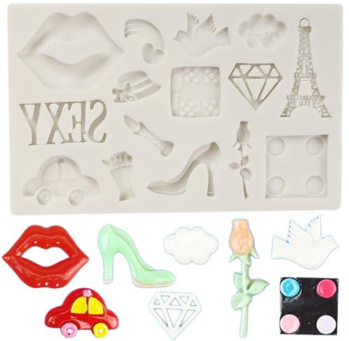 MINFEIDMS Eiffel Tower Silicone Moulds Lipstick Lips Fondant Moulds Dove Rose Diamond Heart Car Hat High Heels Mould for Cake Decoration Cupcake Topper Candy Chocolate Gum Paste Polymer Clay