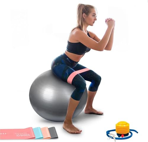 Pelota de Pilates 65 cm y Gomas elasticas musculacion, Fitness, Yoga, Ejercicio con Pelota Embarazada y Gimnasio en casa. 4 Bandas elasticas musculacion + Fitball con inflador Incluido.