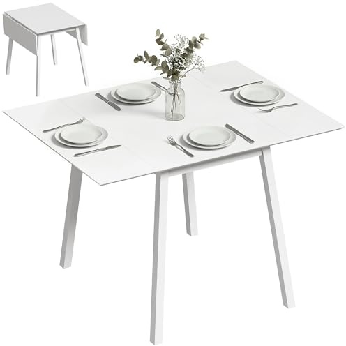 HOMCOM Solid Wood Folding Dining Table, Drop Leaf Table for 2-4 People, Rectangle Kitchen Table for Small Space, White
