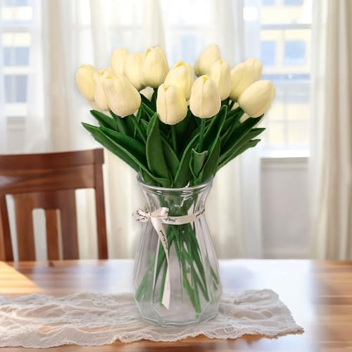 Sufeasdf 20PCS Realistic Faux Tulips with Bulbs Pink & White Artificial Flowers Bundle for Indoor Outdoor Office, Wedding Easter/Mothers Day Decor, Farmhouse Kitchen Table Centerpiece (Off White)
