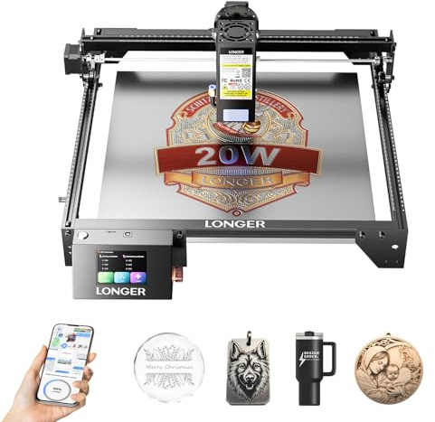 LONGER RAY5, macchina laser per incisione completamente aggiornata, 20W, schermo touch a colori da 3,5, controllo offline tramite app, ideale per incisioni su metallo, vetro e legno.