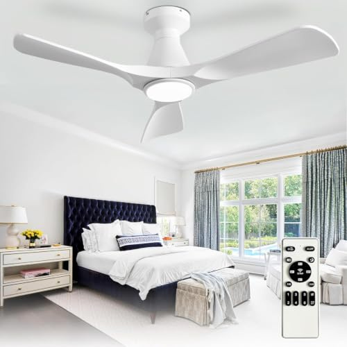Depuley Ventiladores de techo de 42 pulgadas con luz: ventilador de techo empotrado de 3 aspas en color blanco para cocina - Ventilador para exteriores regulable con mando a distancia y temporizador
