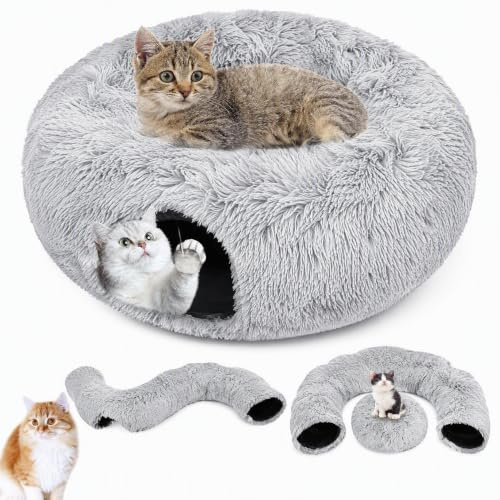 Katzentunnel, XXL Katzentunnel Große Katzen mit Schlafplatz & Bed Weiches, mit Zwei Eingängen Katzenhöhle & Hängende Bälle, Katzen Donut Cat Tunnel für Katze, Grau