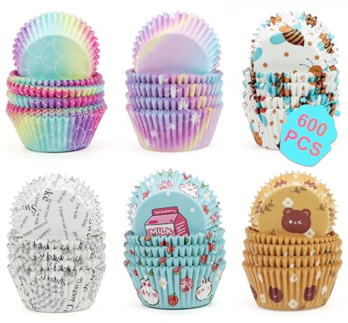 Bcautay 600 Pcs Standard Natural Cupcake Cases,Colourful Cupcake Cases Cupcake Baking, for Baking Cake Cases Paper Wrappers Cases Liners,for Birthdays,Parties,Weddings Decorations - 6 Styles