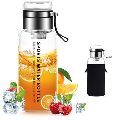 Borraccia in vetro con coperchio in neoprene e filtro in acciaio inox, 1 litro, resistente con coperchio in vetro, per bevande