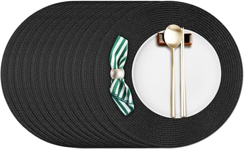 12er Set Runde Schwarz Platzsets Abwaschbar, 38cm Tischsets Schwarz Rund | KEILEOHO Tischsets Abwaschbar Hitzebeständig Platzdeckchen für Esstisch, Küche und Restaurant
