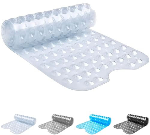 ADOV Badmatta halkfri, 70 x 38 cm extra lång duschmatta anti-mögel, badrumsmattor för badkar, starka sugkoppar och dräneringshål, mögelbeständig maskintvättbar badrum barnmatta (vit)