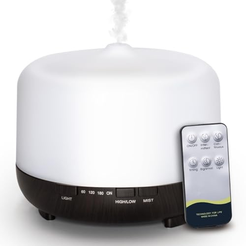 Aroma diffuser – ultraljud aromaterapi diffusor för eteriska oljor 500 ml med fjärrkontroll 7 RGB ljus 4 timer vattenfri automatisk avstängning, luftfuktare sovrum för hem, kontor eller yoga