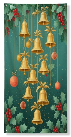 Decorazione per porta con campane di Natale, campane dorate e foglie di agrifoglio, decorazione per interni ed esterni, 91 x 182 cm