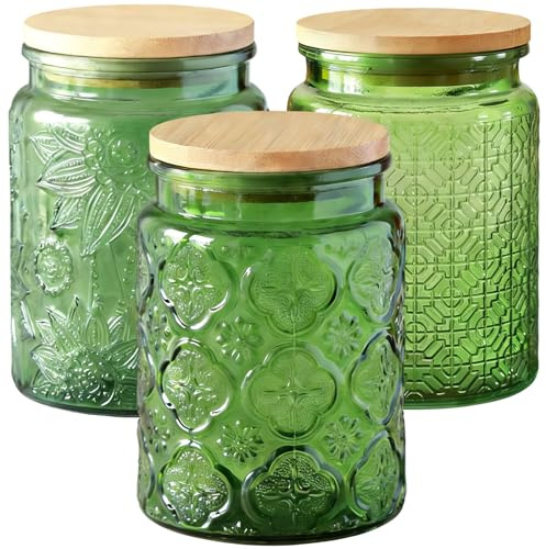 Tel Charme * 3-Pack 700ml Glass Jars with Bamboo Lids, Airtight Vintage Glass Storage Canisters for Kitchen Pantry Coffee Sugar Tea Flour Snacks (Green)