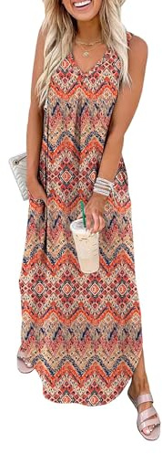 WIHOLL Summer Dresses for Women UK 2026 Maxi Dress Beach Coverups Casual Loose V Neck Side Slit Sundresses with Pockets