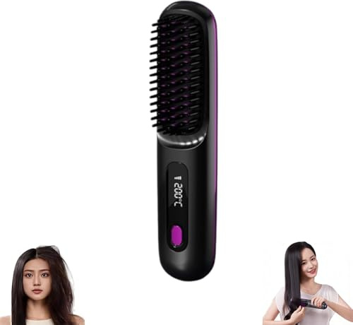 Cefryna Styling Bürste für Kurze Haare, Intelligente Kabellose Glättbürste für Kurzes Haar mit Keramik Borsten, 3 Temperaturstufen Elektrische Haarbürste Damen Kabellos (Schwarz)