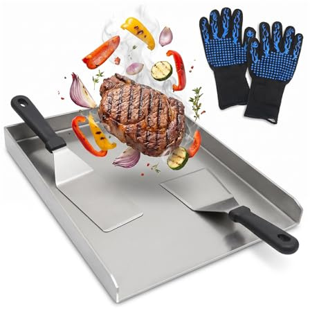 YedZen 40 x 30 cm grillplatta i rostfritt stål, 2 mm tjock Plancha grillplatta med 2 grillspatlar och skyddshandskar med hög temperatur, Plancha set för gas och kolgrill, universell storlek