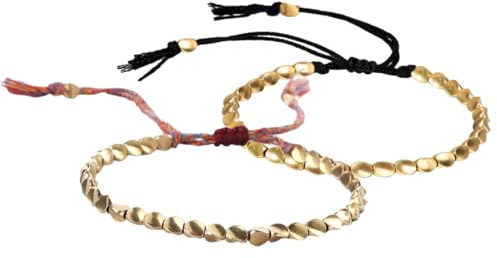 HAGNA 2 Pezzi Bracciale Tibetano Della Fortuna In Rame, Bracciali Tibetani, Braccialetto Tibetano Buddista Fatto A Mano In Cotone Intrecciato Con Perline Di Rame Portafortuna