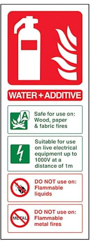 vsafety 11010 ac-s señal de extintor, agua y aditivo ID, autoadhesivo, vertical, 75 mm x 200 mm, verde/rojo