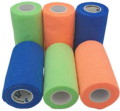 PintoMed Selbstklebender Verband, Gedehnt -2 x Orange +2 x Neongrün + 2 x Blau - 10cmx 4,5m - Bandagen Rollen Haftbandage; Health Pflaster, sport tape; Stück für Handgelenk, Bein, Arm, vet wrap