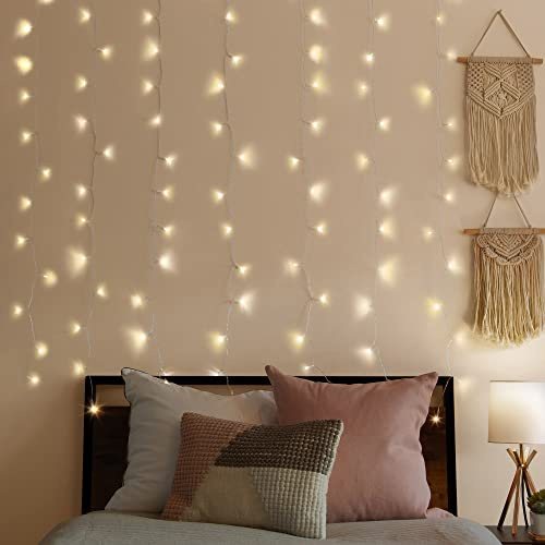 Merkury Innovations Curtain Lights, Cascading Battery-Operated LED Lighted Backdrop Curtain for Bedroom, Wedding, Diwali, or Christmas Decorations (Warm White)