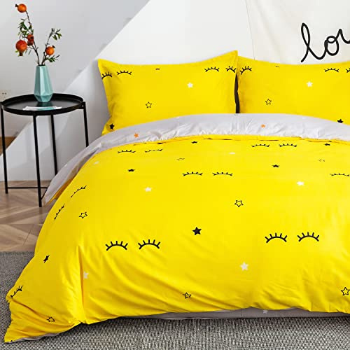 Morbuy Double Duvet Cover Set Stars Bedding Set 3 Pieces, Girls Bedroom Soft Comfy Microfiber Yellow Grey Reversible Duvet Cover with 2 Pillow Cases (Double-200x200CM, Yellow Eyelashes)