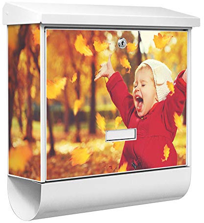 banjado® Burgwächter Briefkasten Weiß 38x39x12cm mit Motiv Herbstfreude/Briefkasten mit Zeitungsfach/Briefkasten mit Zeitungsrolle/Postkasten inkl. Montagematerial & 2 Schlüsseln