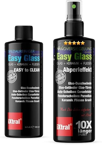 iXtral Easy Glass Versiegelung Set mit Nanoreiniger + Glasversiegelung Nanoversiegelung f. Duschwand-Glas Glasfenster reinigen + versiegeln gegen Schmutz Kalk für Lotuseffekt Abperleffekt