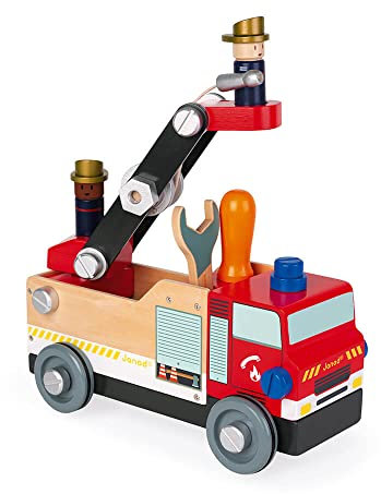 Janod - Brico'Kids Wooden Fire Truck, Fsc Certified - Construction Set - with 2 Firemen - 45 Pieces, Easy to Build - Wooden Toy for Children - from 3 Years Old, J06469