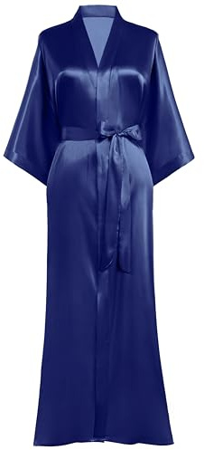PRODESIGN Kvinnors Satin Kimono Rock – Lång med Bältesrem, Enkelfärg Lätt Nattklädsel Sovrock, Marinblå, one size