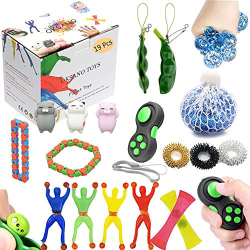 OKSANO Fidget Set, 19 Pack Gegen Angstzustände Stressabbau für Kinder und Erwachsene, Sojabohnen Squeeze Stress-Bälle Murmelnetz Squishy Mochi Twisting Spielzeug