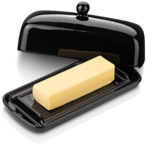 Nucookery Ceramic Butter Dish with Lid | Raised Legs and Non-Slip Strip Design | Porcelain Health | Dishwasher Safe, Black