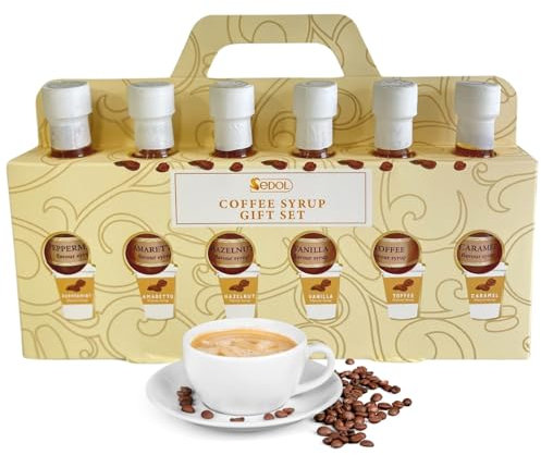 Luxury Coffee Syrup Gift Set – 6 Flavoured Coffee Syrups in Festive Gift Box – Christmas Hamper for Women & Men – Coffee Gift Set with Caramel, Vanilla, Hazelnut, Amaretto & Peppermint Syrups