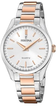 Festina Damenuhr Analog aus Edelstahl 316l Silberfarben | Quarzwerk, Widerstandsfähiges Mineralglas, Wasserdicht 5 ATM F20620/1, Mademoiselle, Swiss Made