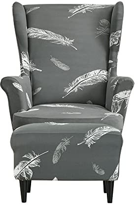 Highdi 2 Teilig Ohrensessel Überzug Mit Ottomane Schonbezug, Sessel-Überwürfe Ohrensessel Schonbezüge Bezug Sesselhusse Stretch Tiger Stuhlbezug mit Armlehne Hohe Rückenlehne (weiße Feder)